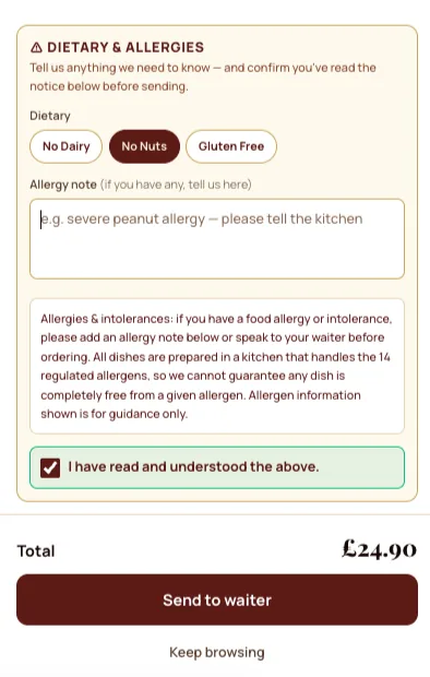Diyet & alerji onayı (14 alerjen)