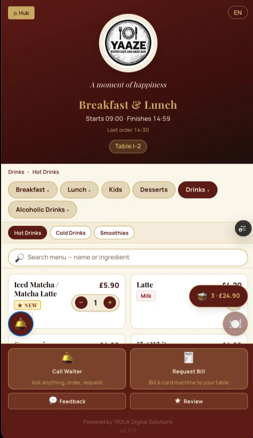 Masa QR ile müşteri sipariş ekranı